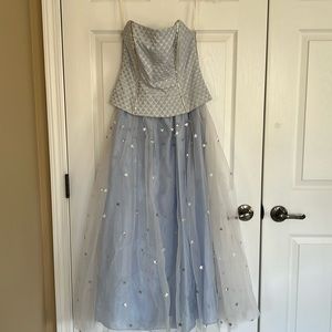 Vintage Strapless Blue Tulle Long Formal Gown Embellished Rhinestones Size Small